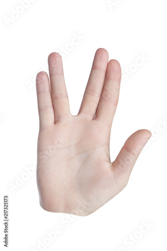 Fototapeta Welcome hand gesture Vulcan salute on white background