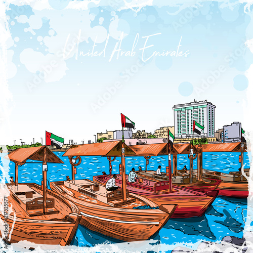 Watercolor splash Old traditional boats on the Bay Creek in Dubai, United Arab Emirates, UAE. Hand drawn sketch. Piers of traditional water taxi in Deira area. Famous tourist destination. Vector.