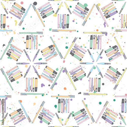 Pastel pens and pencils seamless repeat pattern arranged in hexagons on a colorful  ink splatter background. Perfect for stationery, packaging, fabric.