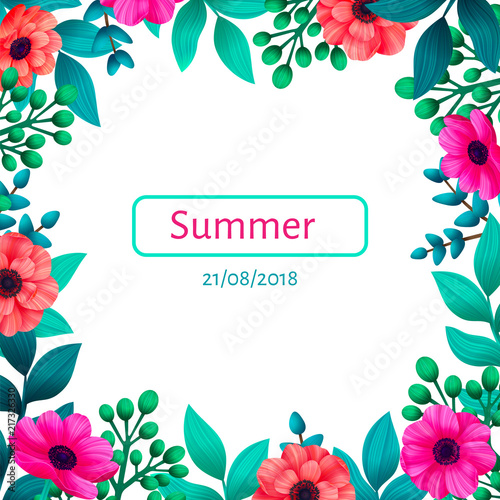 Floral frame. Tropical flowers trendy template. Vertical Design with beautifu...