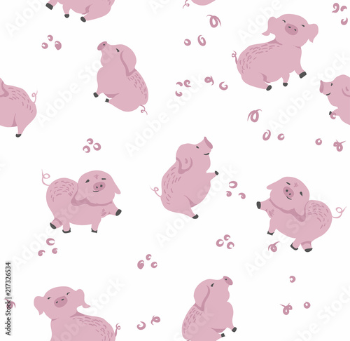 White seamless pattern with cute pink pigs.