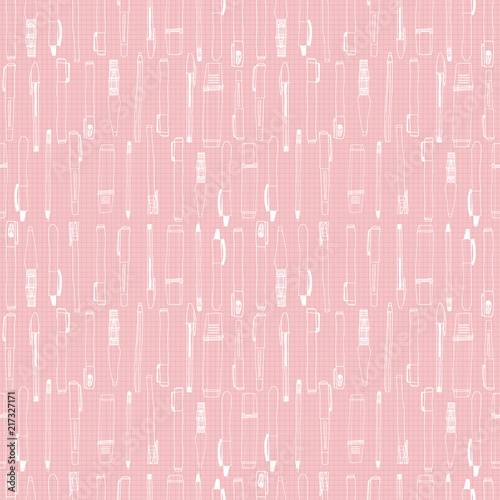 Vector  line art pens and pencils seamless pattern on pink notebook page background. Great for school and office stationery, fabric, scrap booking, packaging, backgrounds and backdrops.