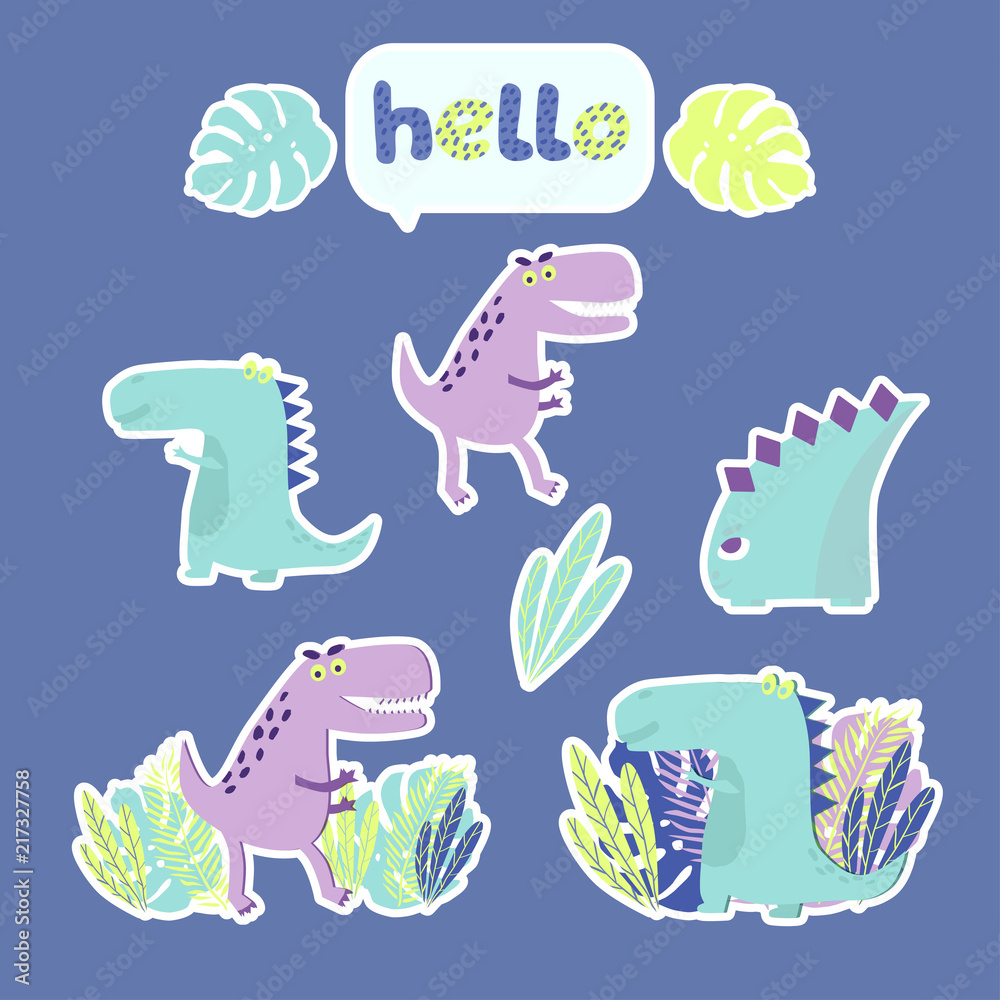 Collection of stickers with dinosaurs in cute cartoon style. Hand Drawn ...