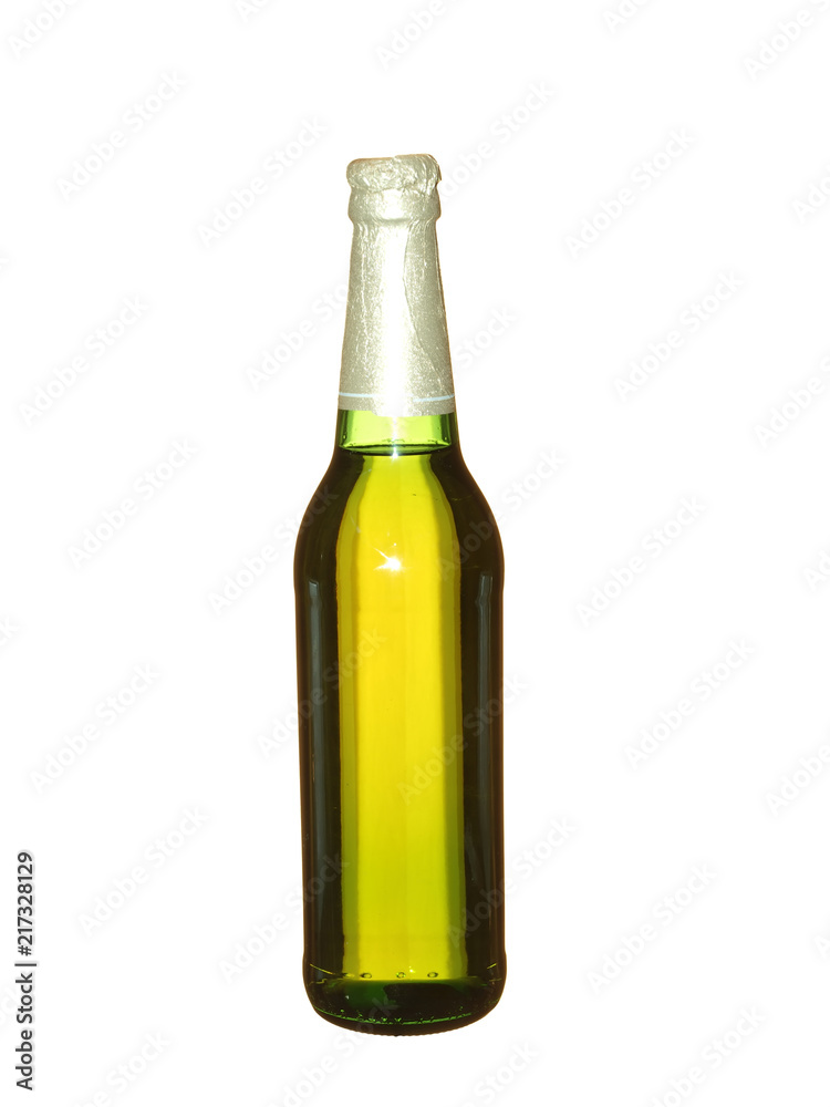 Sealed beer bottle from green glass without label isolated on white background. Sealed beer bottle from green glass without label isolated on white background.