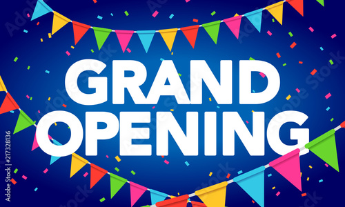 Vector Illustration grand opening advertising flyer banner template. Marketing business concept with party banderol