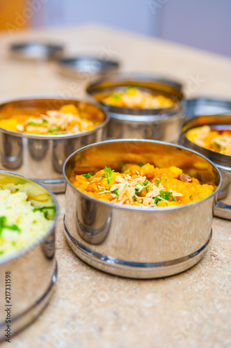 Sweet Potato and Cauliflower Curry in Indian Tiffin (Dabba) Lunch Boxes