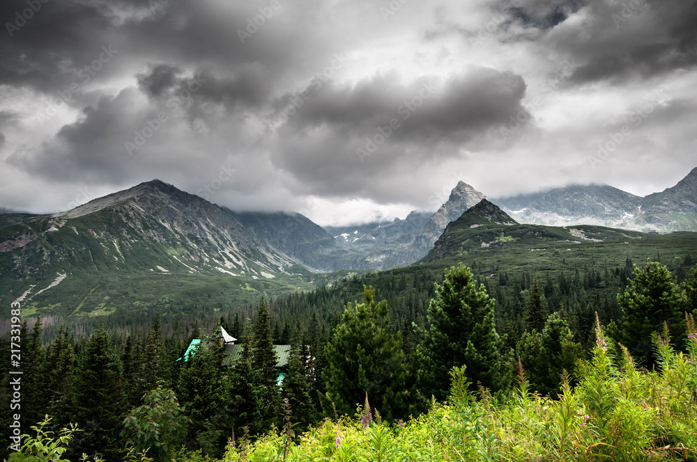 Obraz premium Gasienicowa valley. View on shelter and mountains.