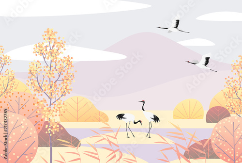 Simple Autumn Lanscape with Red-crowned Cranes