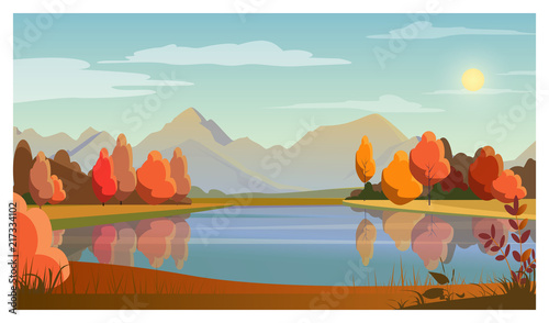 Landscape with lake, trees, sun and mountains in background. Nature, autumn concept. Flat style vector illustration. For leaflets, brochures, wallpapers, posters or banners.