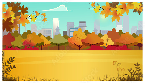Suburban area with meadow, autumn trees and city buildings in background. Cityscape, nature concept. Flat style vector illustration. For leaflets, brochures, wallpapers, posters or banners.