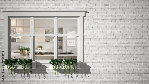 Exterior brick wall with white window with potted plant, showing interior contemporary kitchen, blank background with copy space, architecture design concept