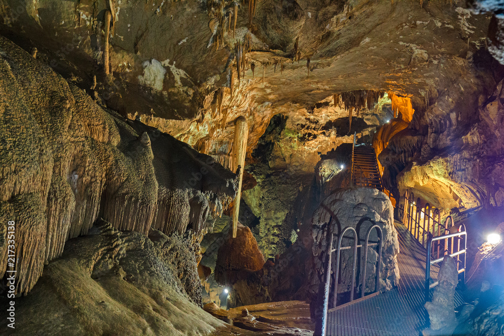 Rock formations of stalactites and stalagmites inside the cave of 
