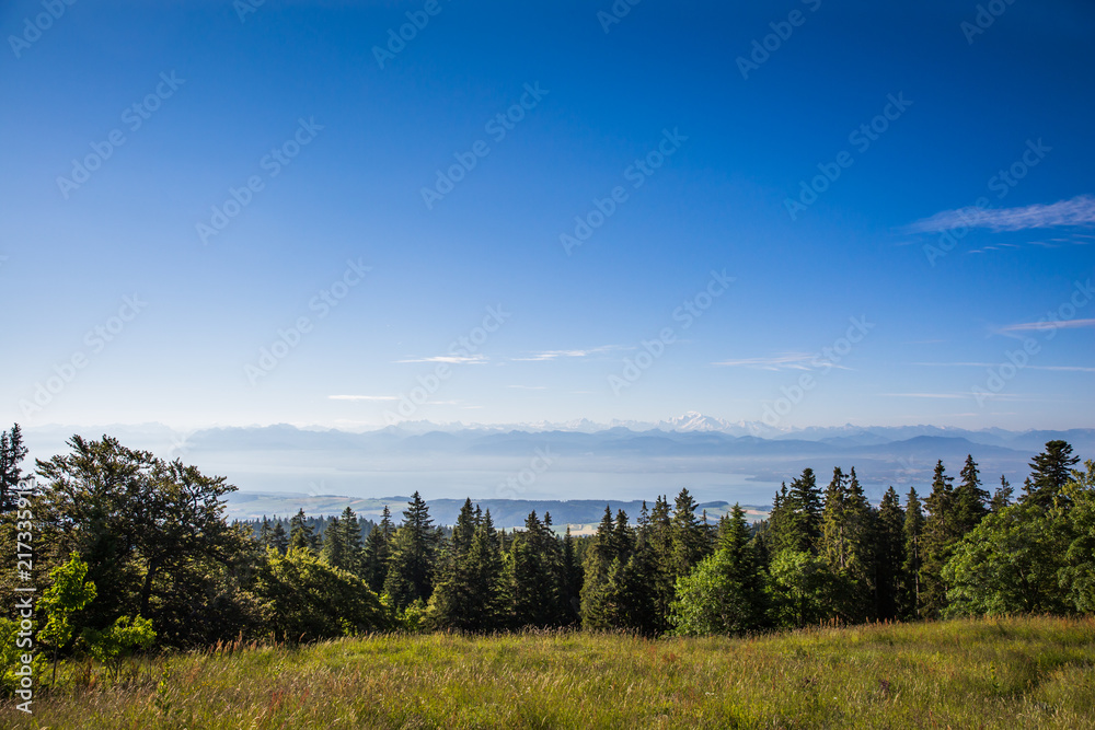 Panoramic View of Lake Leman and the Mont-Blanc Mountain Chain on a Sunny Summer Morning .