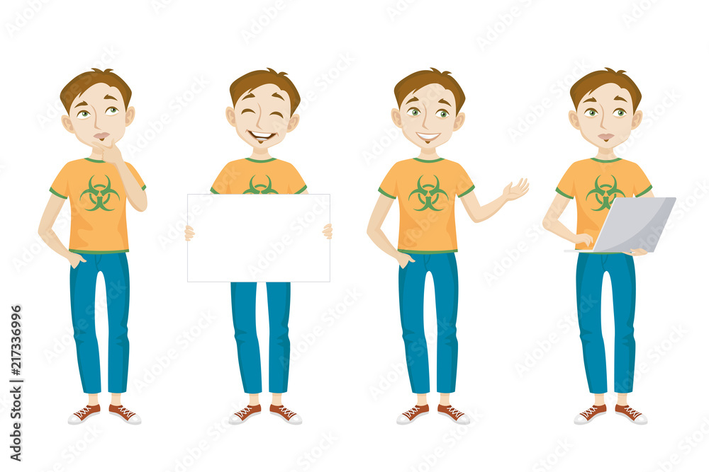 Male genius in t-shirt with bio hazard sign character set with different poses, emotions, gestures. Part of hipster, laptop, poster. Can be used for topics like chemist, student, teenager
