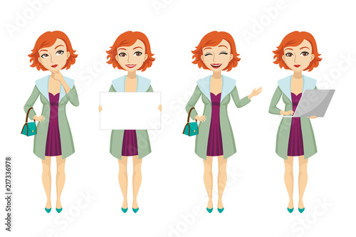 Fashionable redhead woman in purple dress character set with different poses, emotions, gestures. Part of banner, bag, laptop. Can be used for topics like businesswoman, confidence, entrepreneur