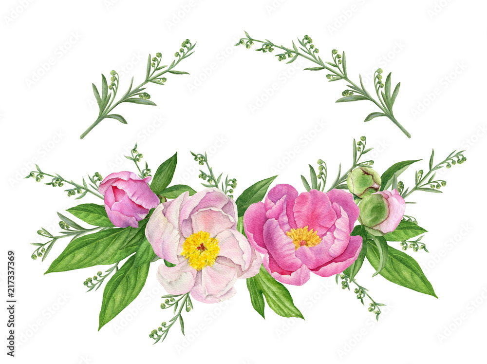 Watercolor bouquet of peonies with branches of wormwood, flowers, buds, leaves. Floral logo. Frame for cards.