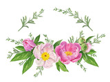 Watercolor bouquet of peonies with branches of wormwood, flowers, buds, leaves. Floral logo. Frame for cards.