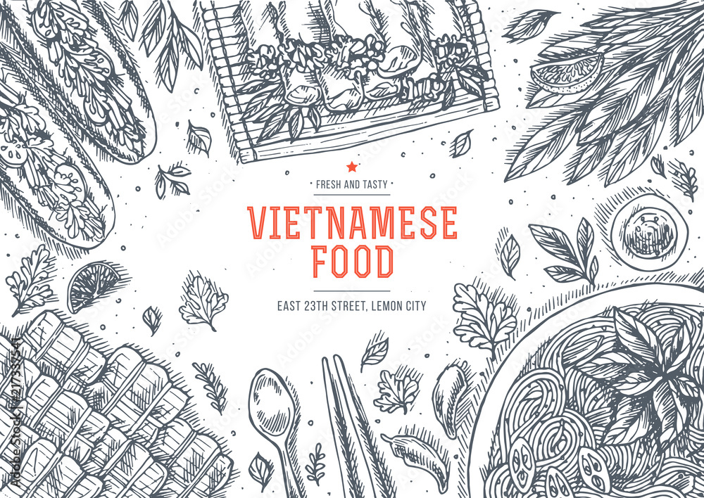 Vietnamese food. Linear graphic. Top