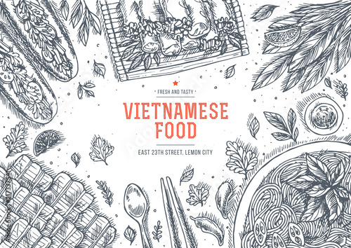 Vietnamese food. Linear graphic. Top