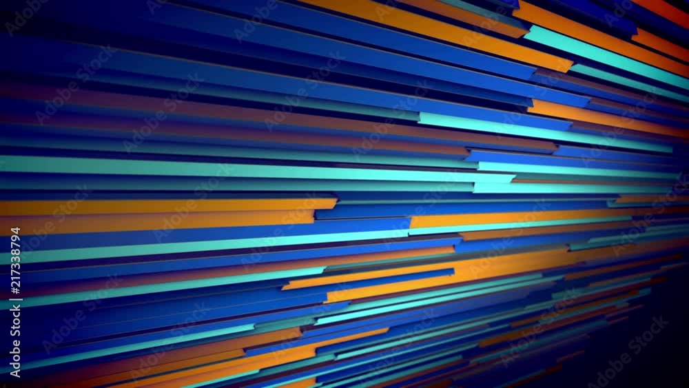 An arty 3d rendering of horizontal multicolored shutter placed aslant stirring slowly and shifting the colors of lines. They vary from brown to blue and violet. The blinds look alive and cheery.