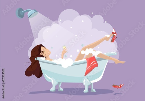 Woman relaxing in bathtub. Bath with foam isolated on background. Spa in bathroom interior. Vector illustration. Flat style design.