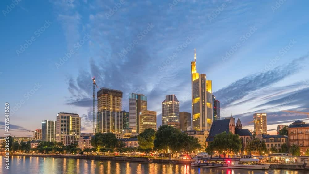 Frankfurt city skyline day to night sunset timelapse, Frankfurt, Germany 4K Time lapse