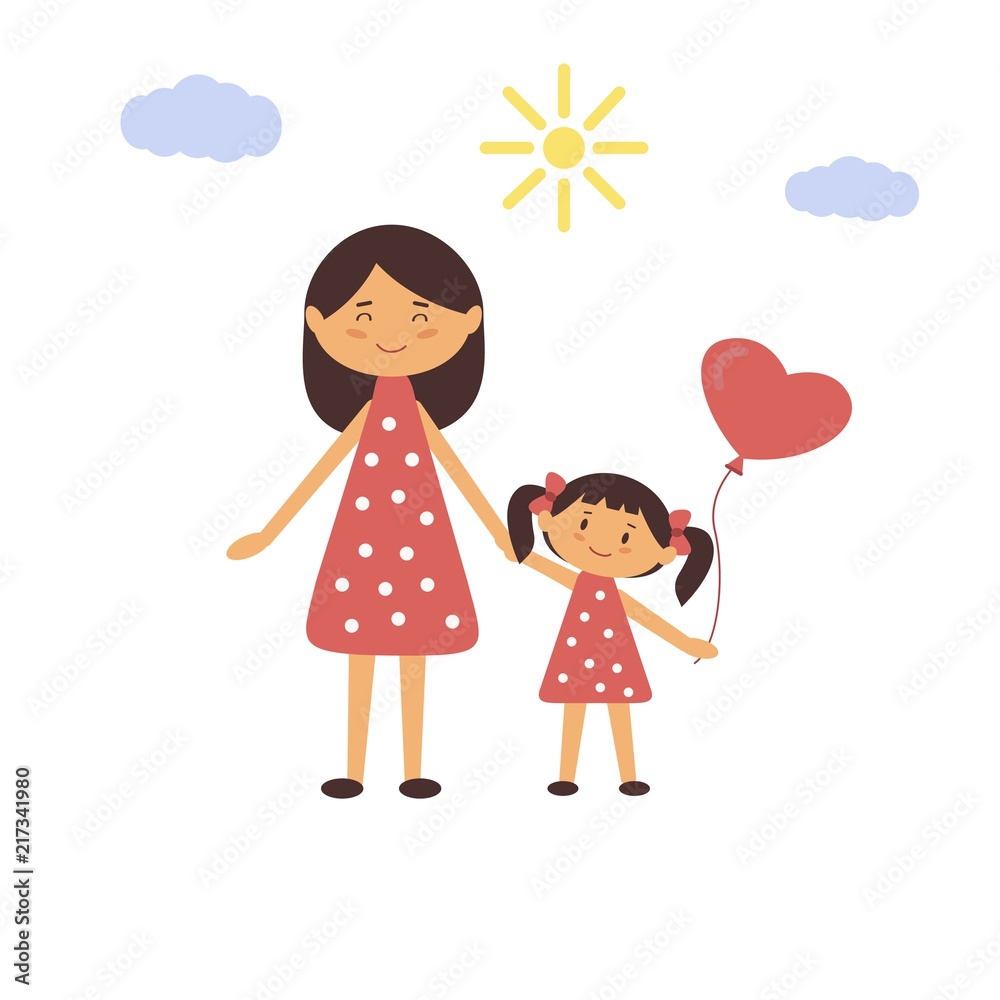 Woman holding the girl's hand. Vector illustration of mother and daughter. Girl with a balloon. Woman holding the girl's hand. Vector illustration of mother and daughter. Girl with a balloon.