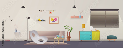Living room interior. Modern apartment scandinavian or loft design. Cartoon vector illustration