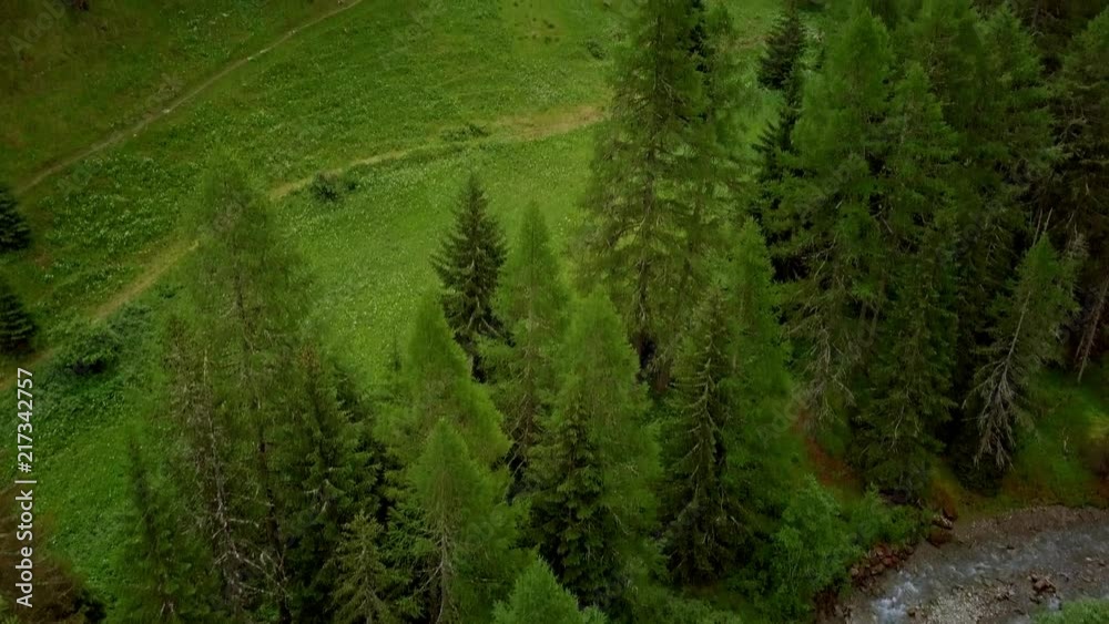 Camera flies slowly over a creek between fir trees and reveals a small chapel standing ontop of a small cliff midst a forest in the swiss mountains. Camera flies slowly over a creek between fir trees and reveals a small chapel standing ontop of a small cliff midst a forest in the swiss mountains.