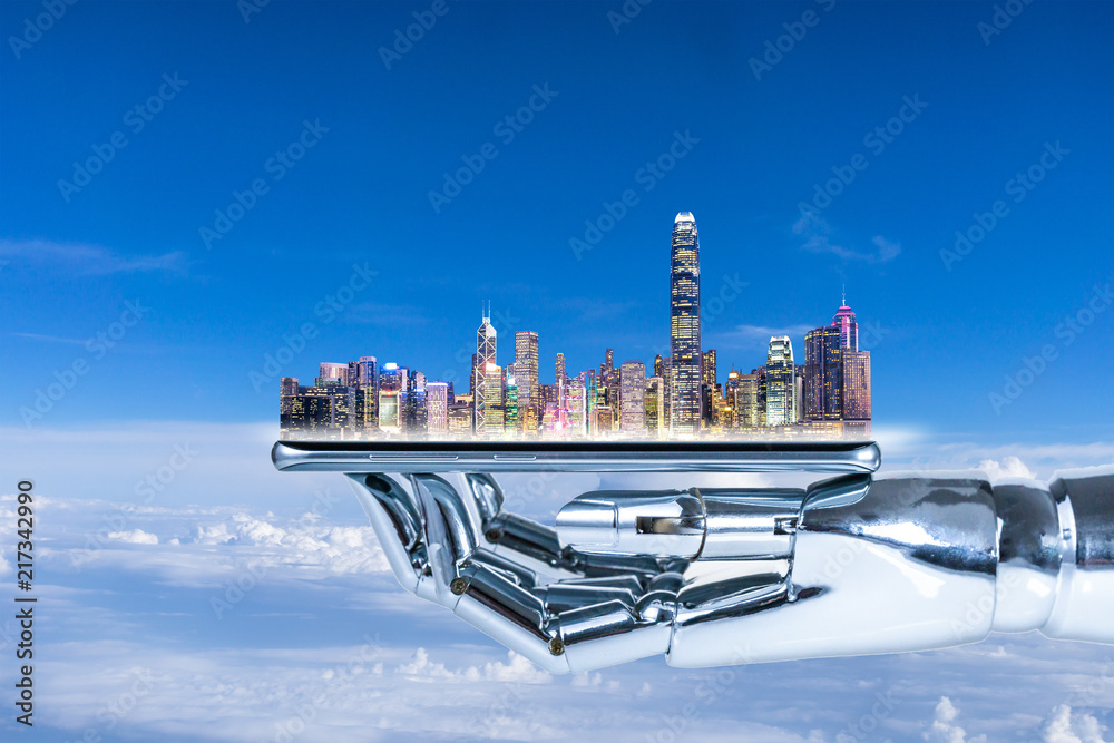 Fototapeta premium city skyline in robot hand