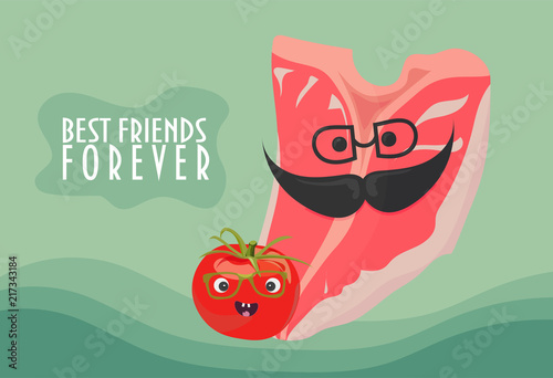 Best friends forever vector illustration: t-bone raw steak with cute tomato