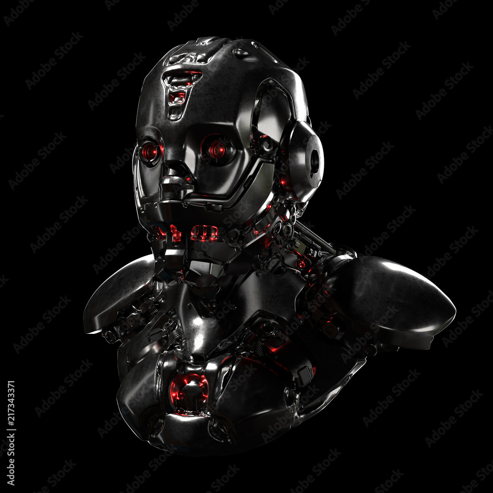 Head of cyborg with red luminous eyes. Science fiction helmet. Robot with artificial intelligence. Sci-fi robot man with artificial face. Futuristic soldier concept. 3D rendering on a black background