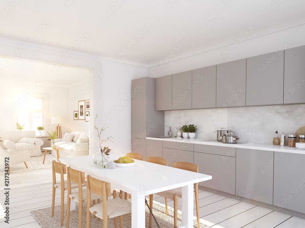 modern nordic kitchen in loft apartment. 3D rendering