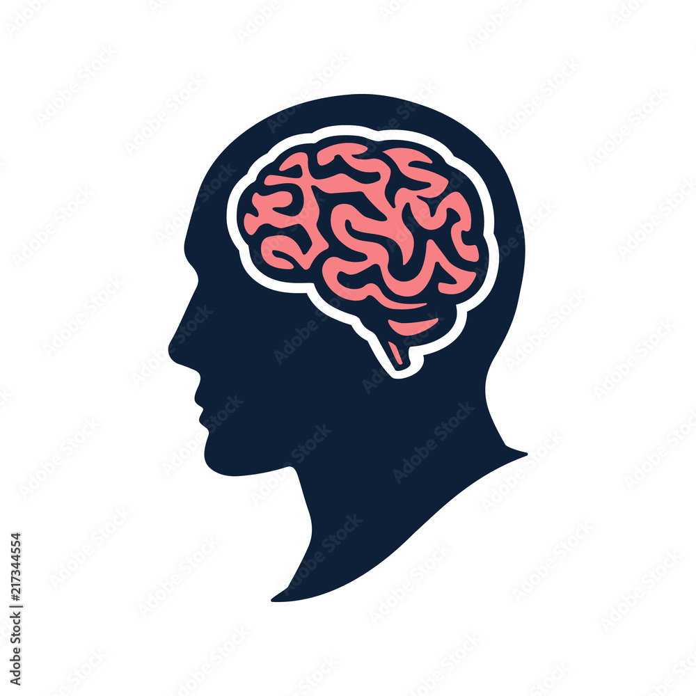 Silhouette head with brain vector flat illustation isolated on white Silhouette head with brain vector flat illustation isolated on white