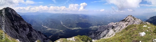 Panorama with mountains and valley seen from the crest - the Northern Crest in Piatra Craiului Mountains