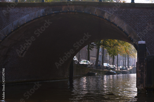 The canal in Amsterdam. Blue sky and bridge in the city. Free space for text