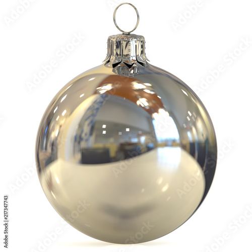 Christmas ball silver chrome decoration metallic. New Year's Eve bauble white adornment traditional Happy Merry Xmas wintertime ornament polished. 3d illustration
