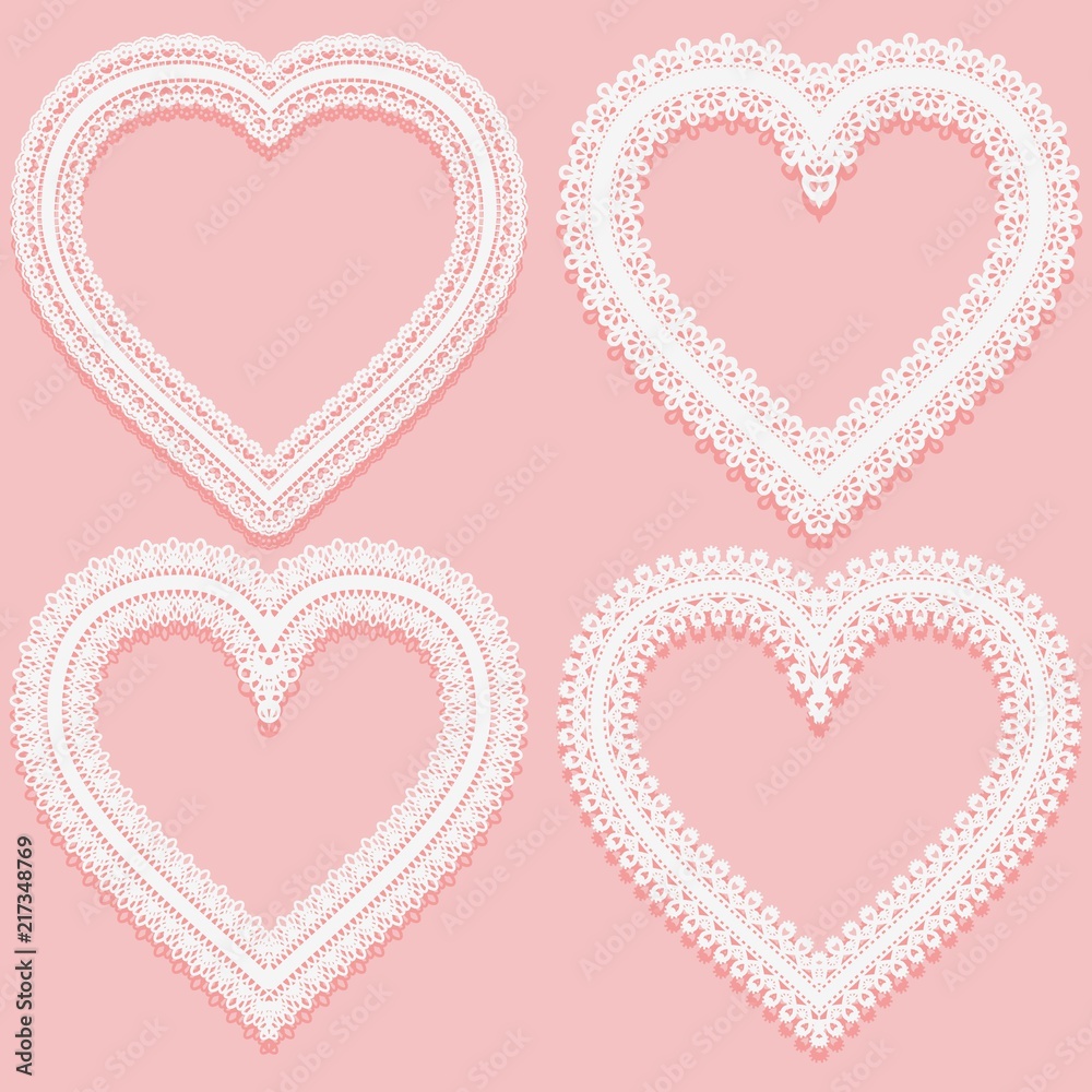 Collection of white Lacy frames in the shape of heart. Openwork vintage elements isolated on a pink background.