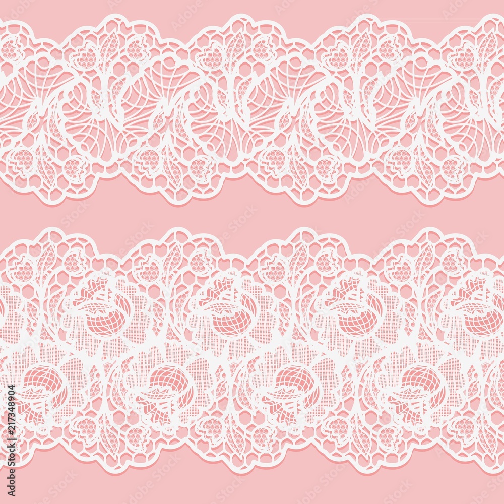 Set of lace seamless borders. White floral ribbons on pink background ...