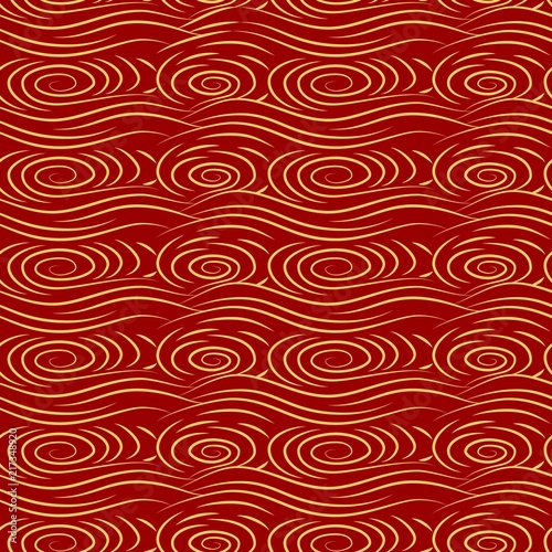Chinese seamless pattern. Ocean whirlpool of water. Golden curls on a red background.
