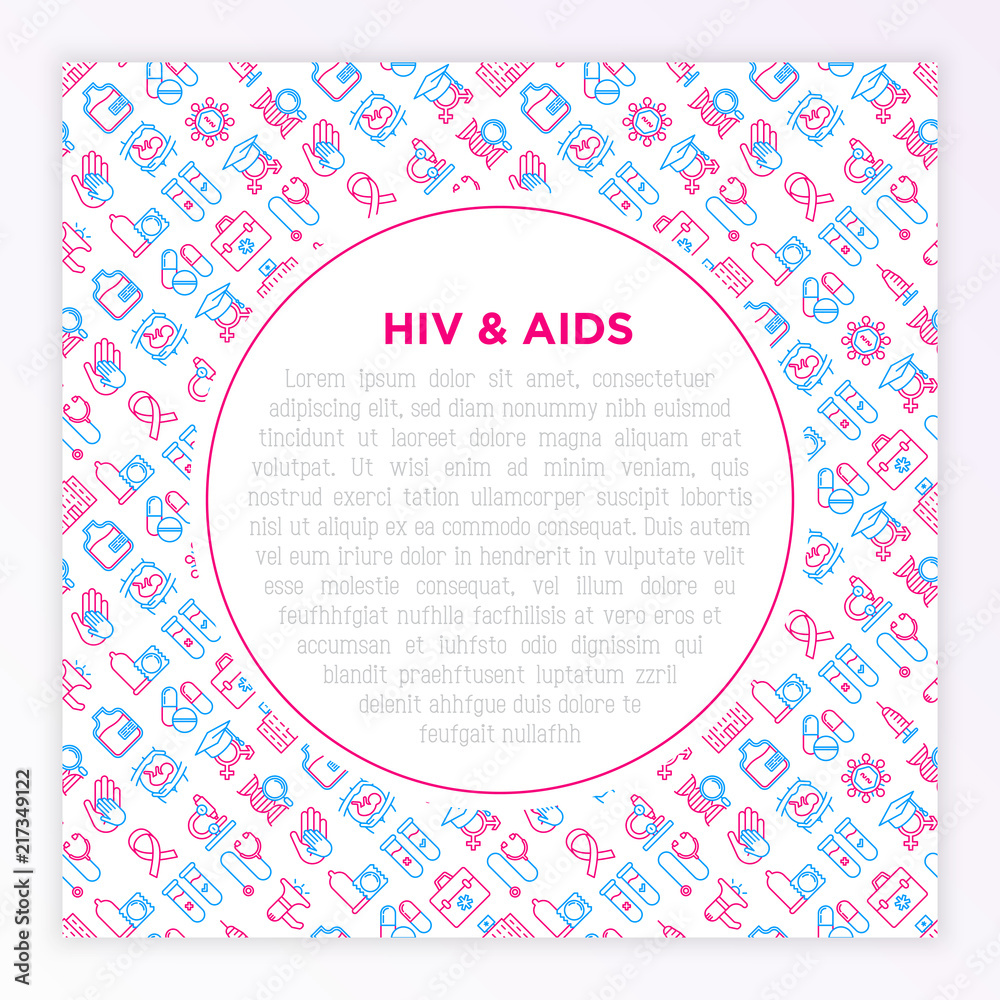 HIV and AIDs concept with thin line icons: safe sex, blood transfusion, syringe, AIDs ribbon, blood test, microscope, genetic engeering. Modern vector illustration, print media template. HIV and AIDs concept with thin line icons: safe sex, blood transfusion, syringe, AIDs ribbon, blood test, microscope, genetic engeering. Modern vector illustration, print media template.