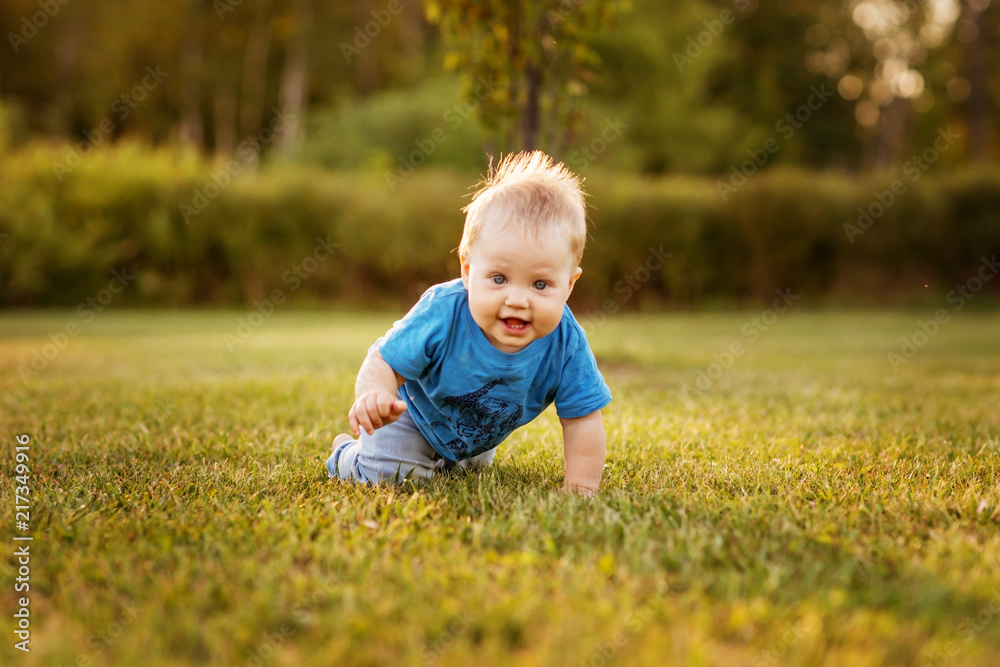 Baby first year life fun crawling on the grass. Baby first year life fun crawling on the grass.
