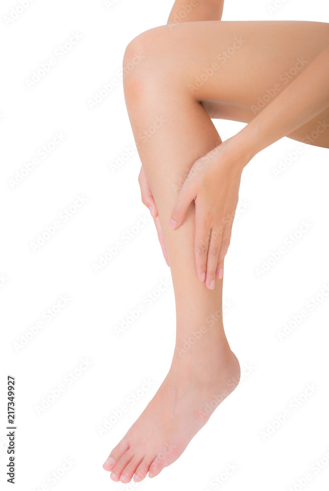 woman holding her beautiful healthy long leg with massaging shin and calf in pain area, Isolated on white background. woman holding her beautiful healthy long leg with massaging shin and calf in pain area, Isolated on white background.