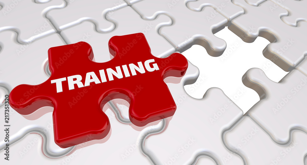 Training. The inscription on the missing element of the puzzle. Folded white puzzles elements and one red with text TRAINING. 3D Illustration Training. The inscription on the missing element of the puzzle. Folded white puzzles elements and one red with text TRAINING. 3D Illustration