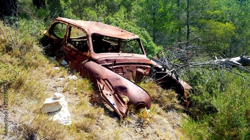 Wrecked car in the wood. Old carcrash. Vintage car crashed.  photo