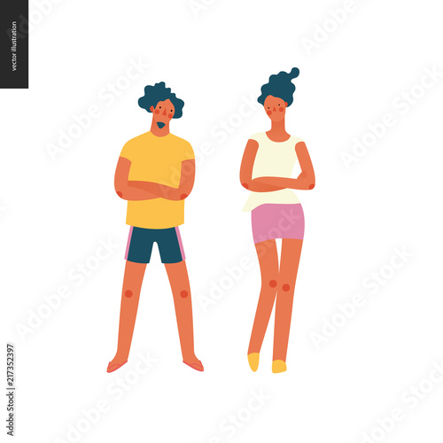 Bright people portraits -hand drawn flat style vector design illustration of serious young sunburnt man wearing shorts and a young woman standing standing with their arms crossed, concept illustration