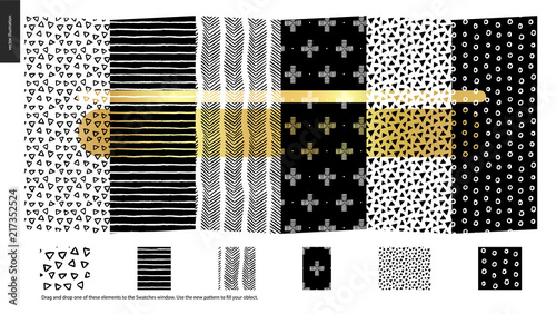 Hand drawn Patterns - a group set of six abstract seamless patterns - black, gold and white. Verticle pieces of geometrical lines, dots and shapes - pieces