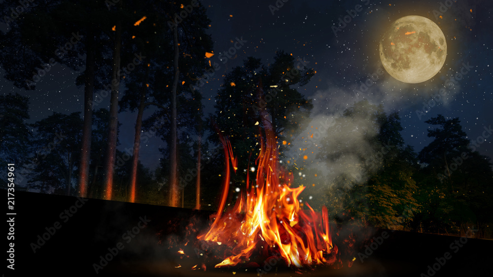 Night forest, a fire is burning, a big moon. Moon map element furnished by NASA - obrazy, fototapety, plakaty 
