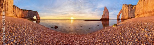 Beautiful Etretat beach at surise, costline panorama, France