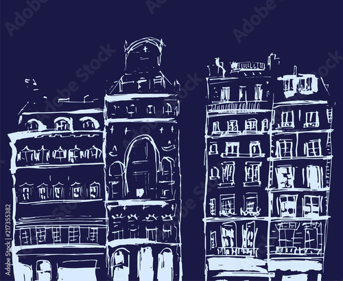 Ink sketch of buildings. Hand drawn illustration of Line drawing isolated on blue background.